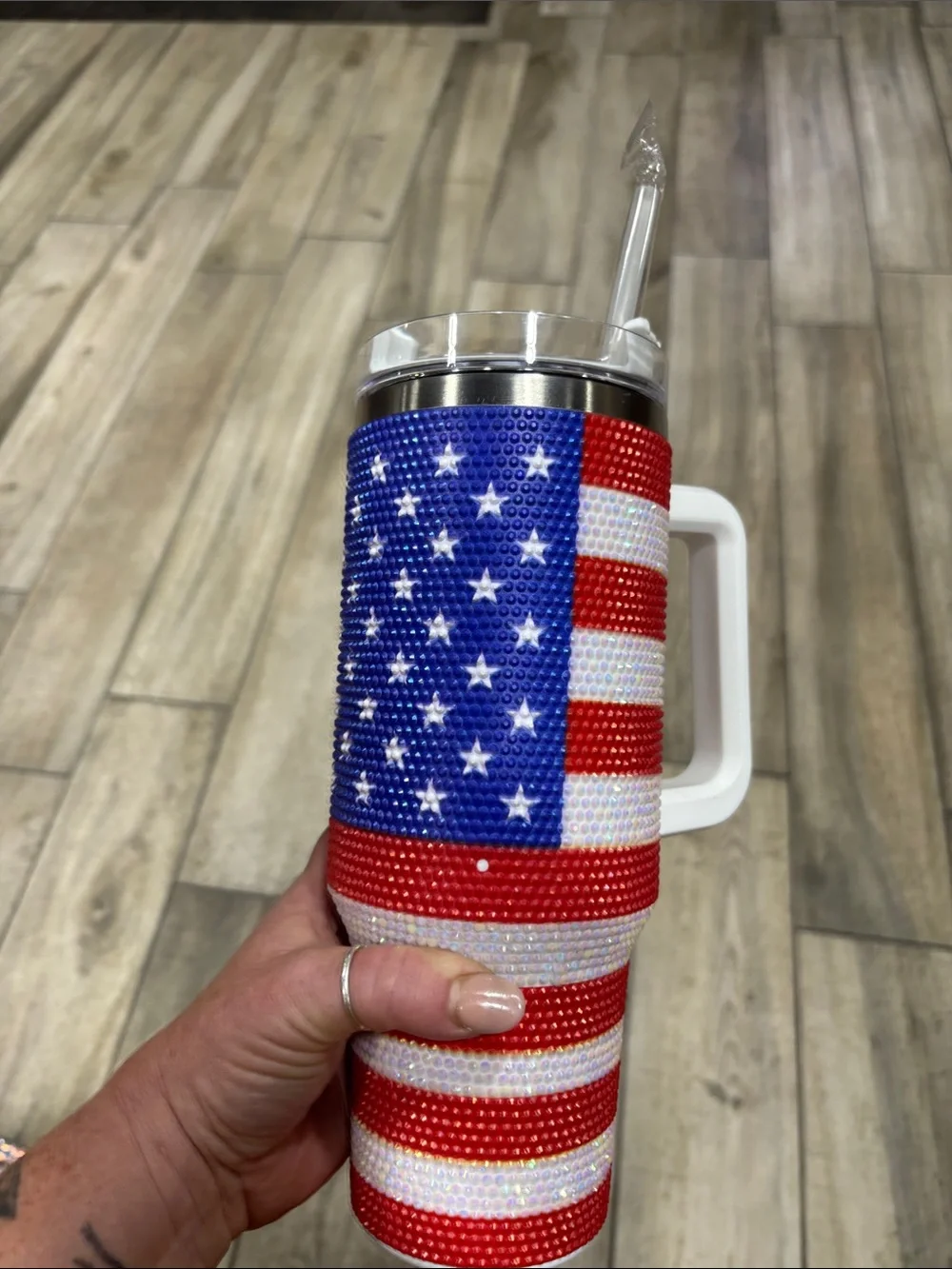 Crystal American Flag Rhinestone Travel Tumbler with Handle - Picture 1 of 1